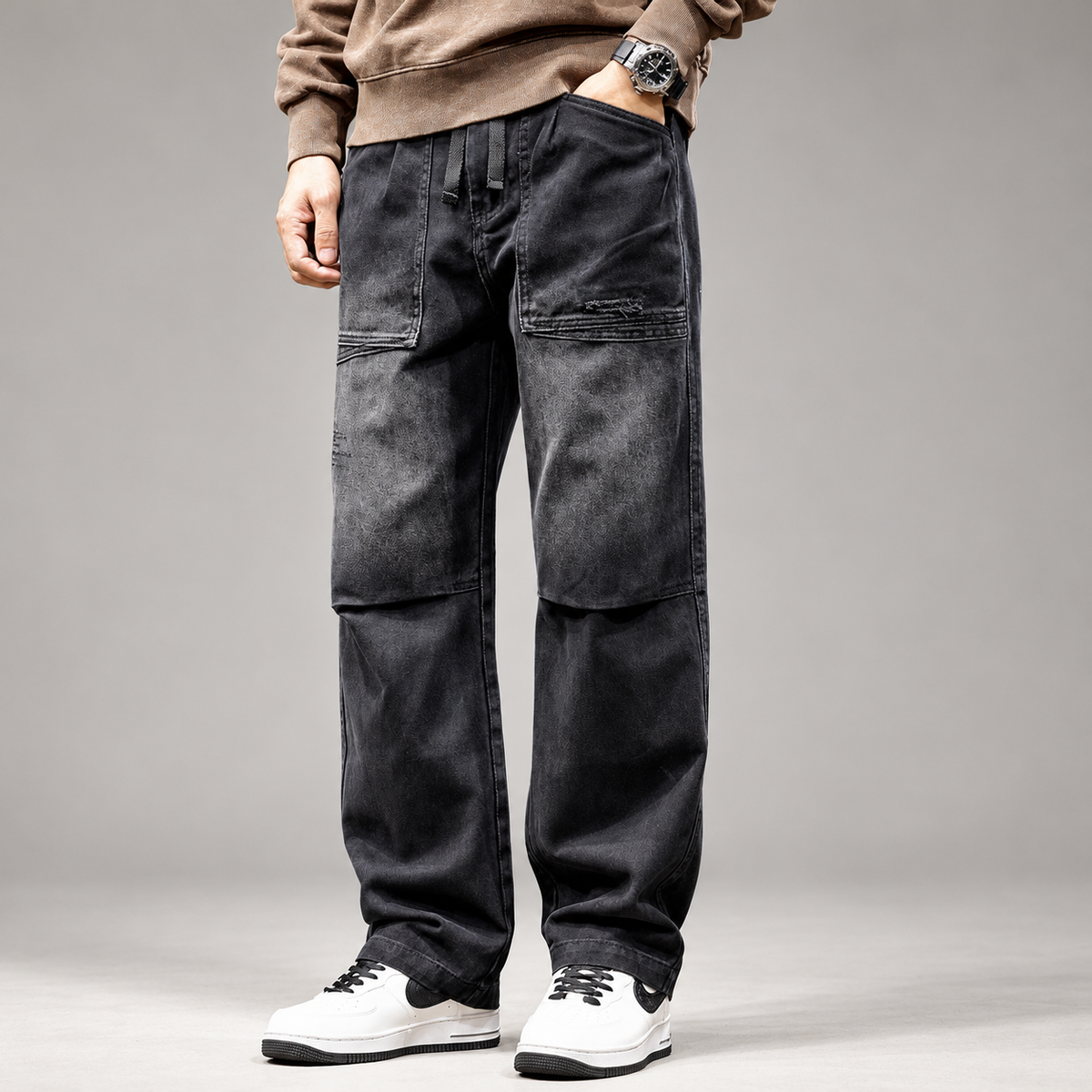 William Men's Washed Black Wide-Leg Drawstring Jeans