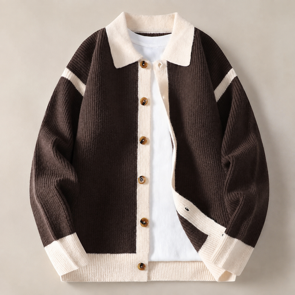 Merrick Button Front Contrast Collar Knit Cardigan