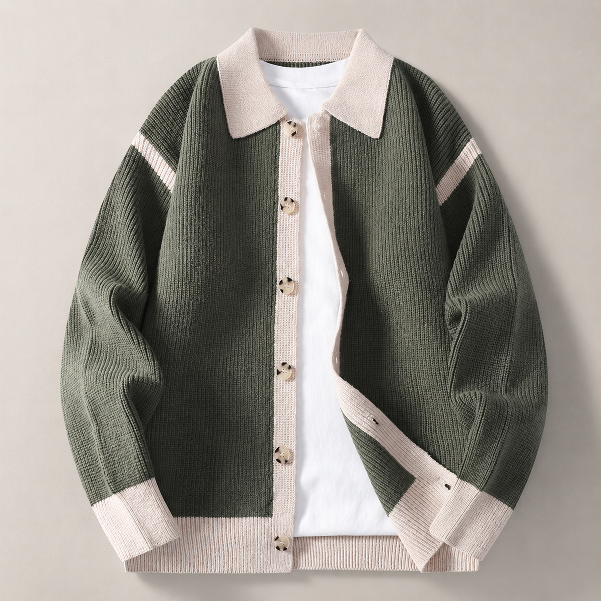 Merrick Button Front Contrast Collar Knit Cardigan