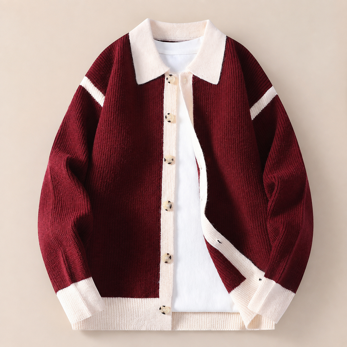 Merrick Button Front Contrast Collar Knit Cardigan