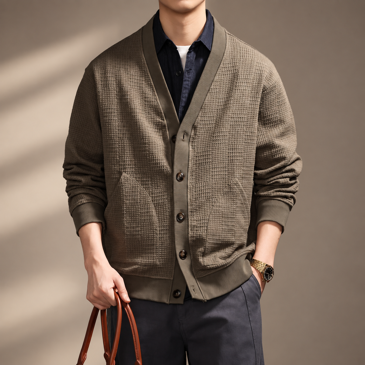 Frederick Men’s V-Neck Textured Knit Button Cardigan