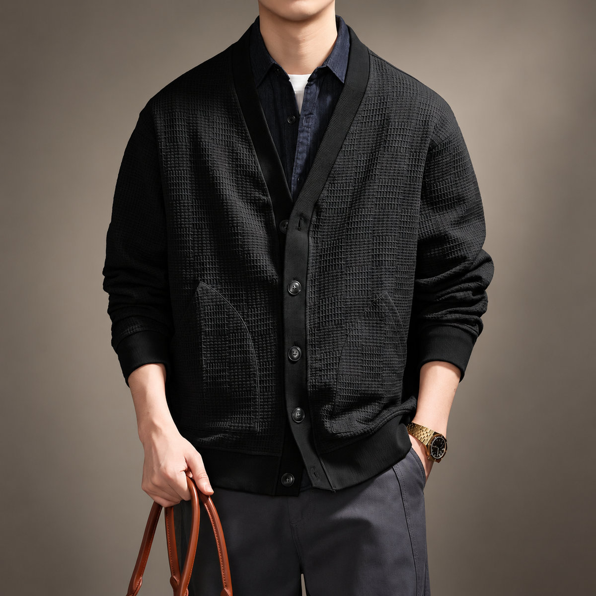 Frederick Men’s V-Neck Textured Knit Button Cardigan