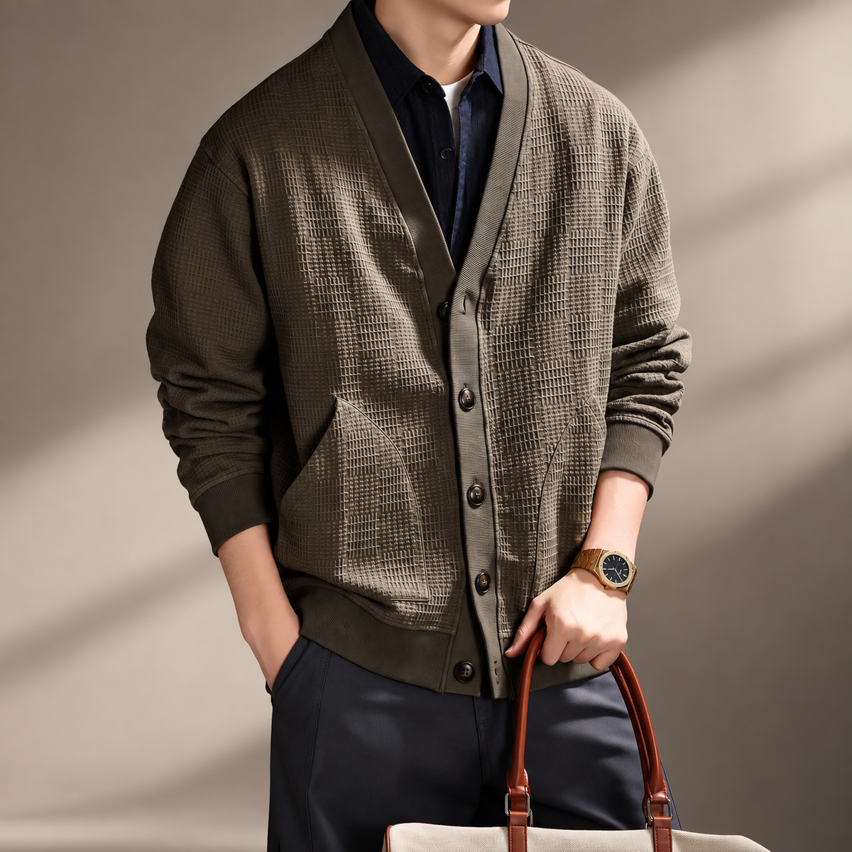Frederick Men’s V-Neck Textured Knit Button Cardigan
