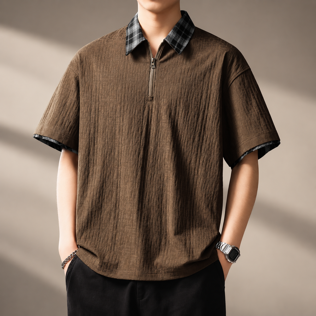 Enzo Men’s Textured Short-Sleeve Zip Polo with Check Collar