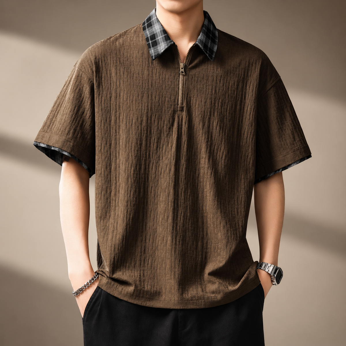 Enzo Men’s Textured Short-Sleeve Zip Polo with Check Collar