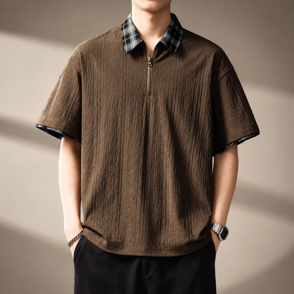 Enzo Men’s Textured Short-Sleeve Zip Polo with Check Collar
