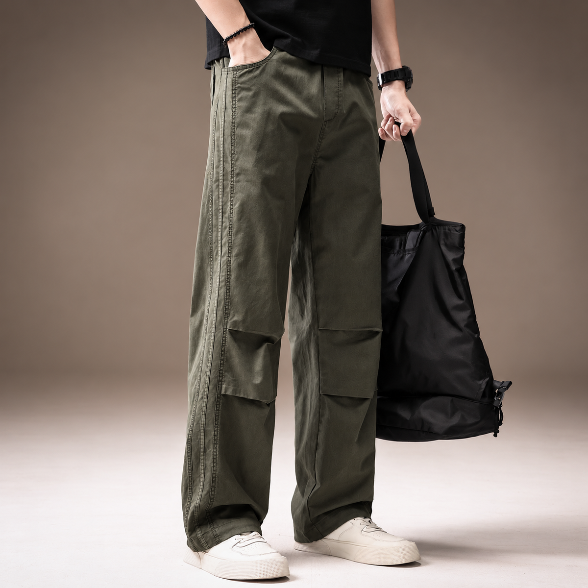 Montague Men’s Wide-Leg Utility Pants with Side Stripe Detail