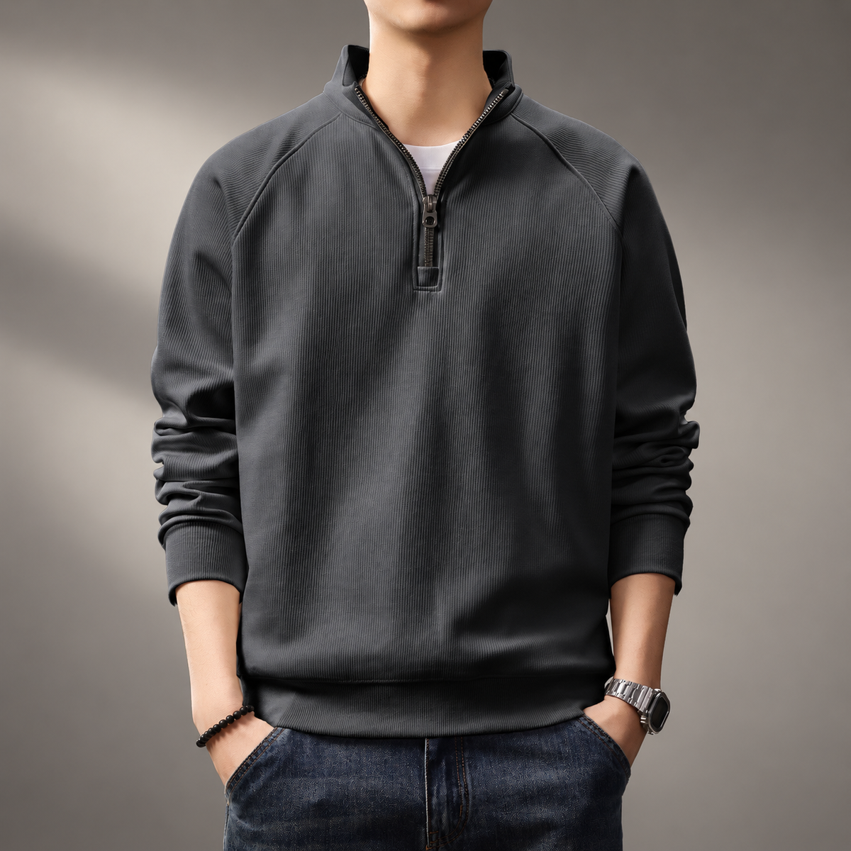 Lorenzo Stand Collar Ribbed Half-Zip Sweatshirt