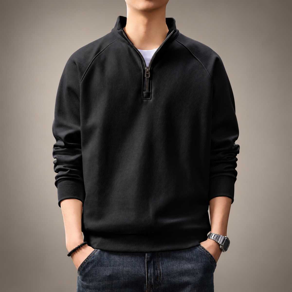 Lorenzo Stand Collar Ribbed Half-Zip Sweatshirt