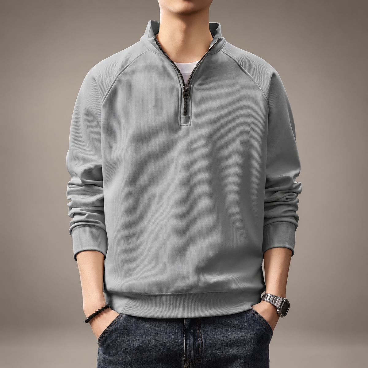 Lorenzo Stand Collar Ribbed Half-Zip Sweatshirt