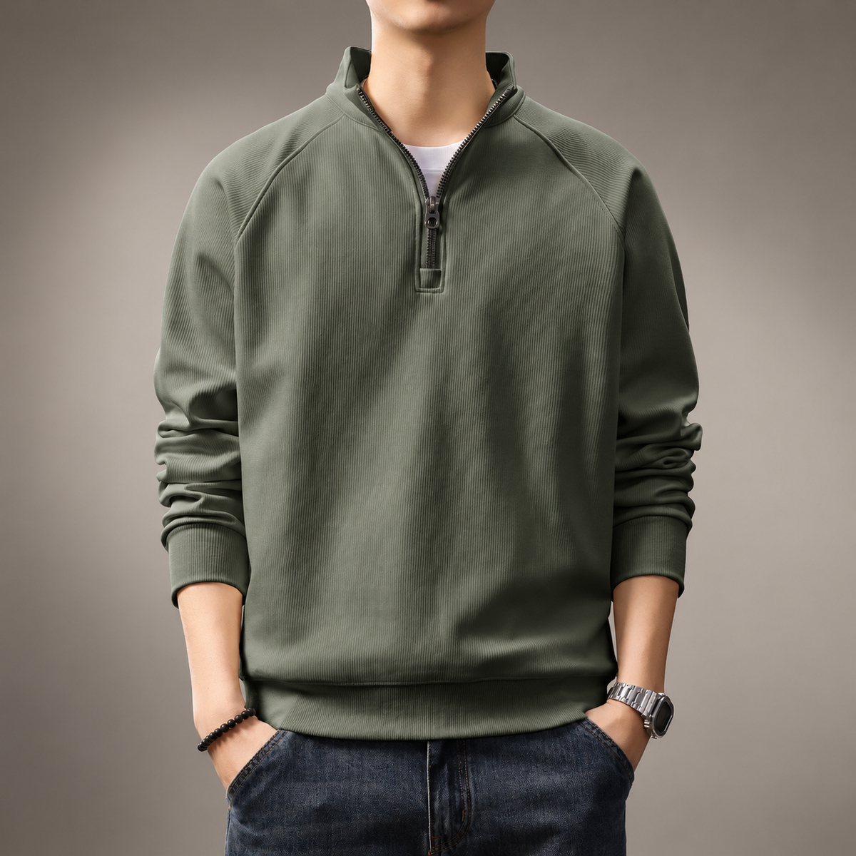 Lorenzo Stand Collar Ribbed Half-Zip Sweatshirt
