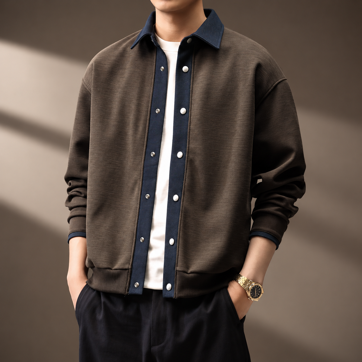 Swagger Men’s Textured Contrast Trim Bomber Jacket
