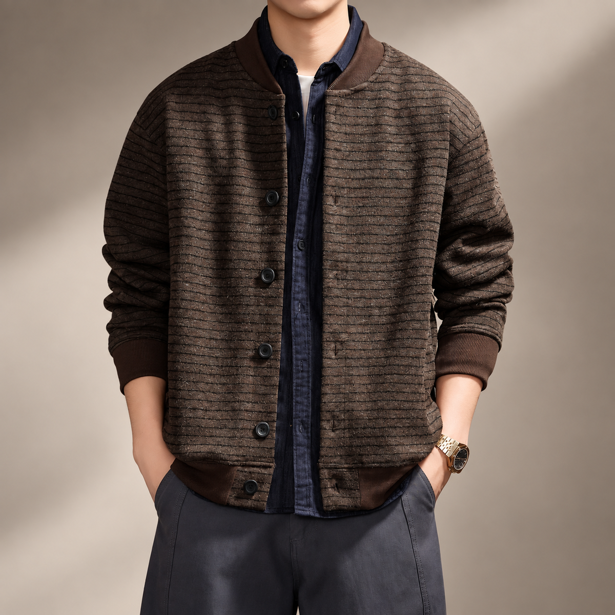 Renzo Men’s Textured Stripe Button-Up Casual Jacket