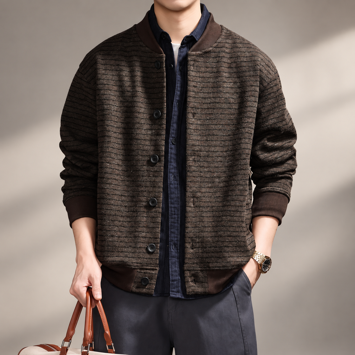 Renzo Men’s Textured Stripe Button-Up Casual Jacket