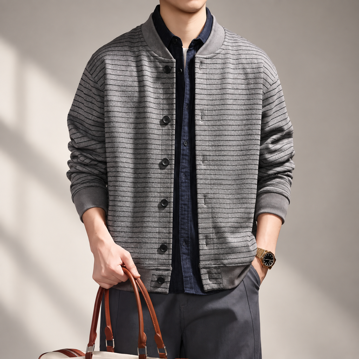 Renzo Men’s Textured Stripe Button-Up Casual Jacket