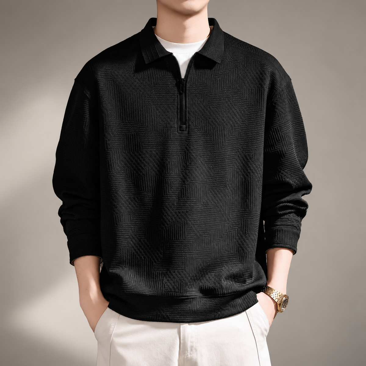 Benoit Men’s Geometric Knit Half-Zip Polo Sweater