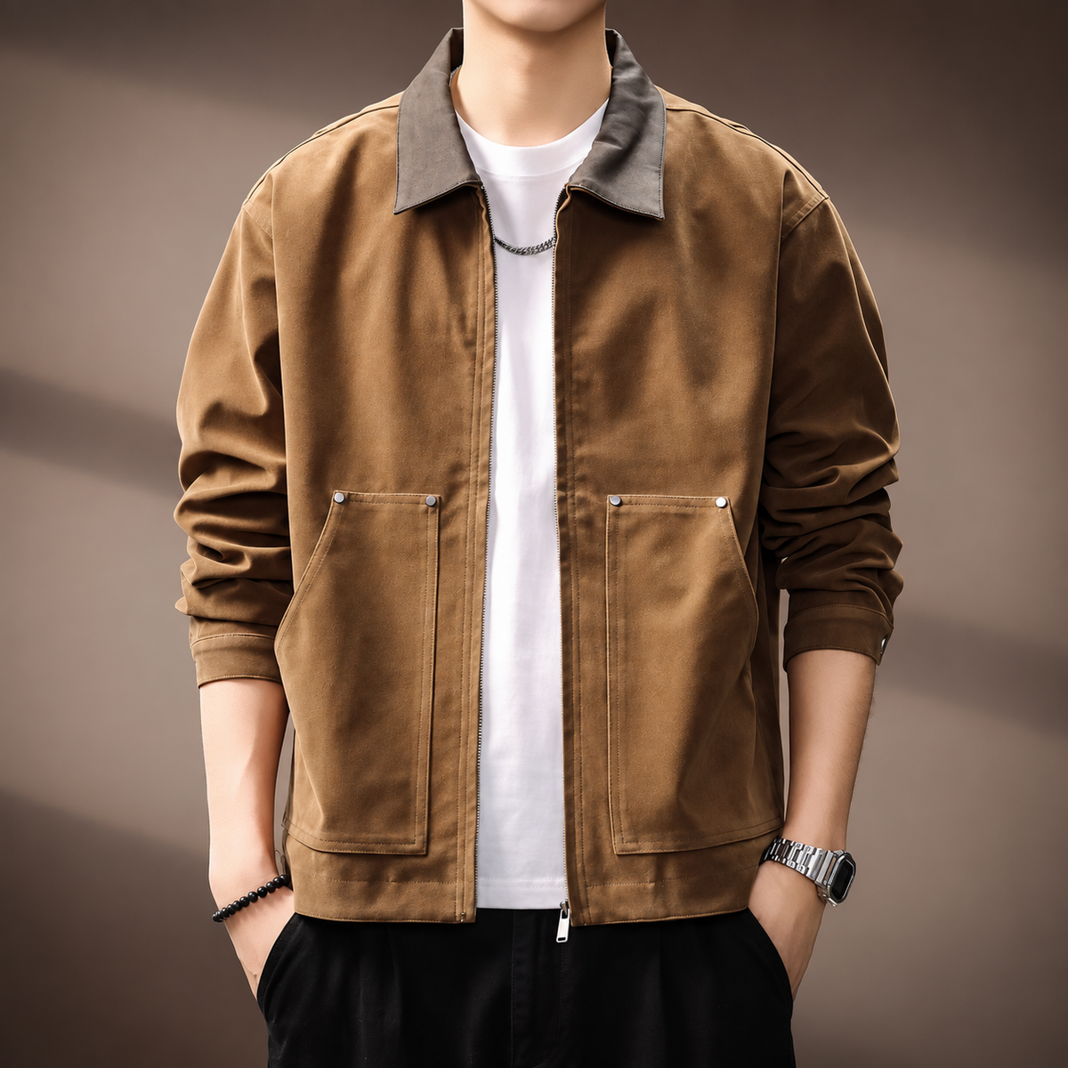 Aubin Men’s Casual Zip Jacket with Utility Pockets