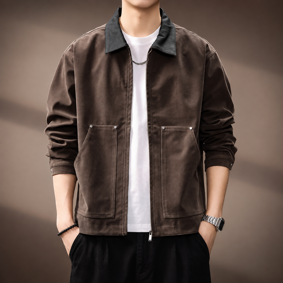 Aubin Men’s Casual Zip Jacket with Utility Pockets