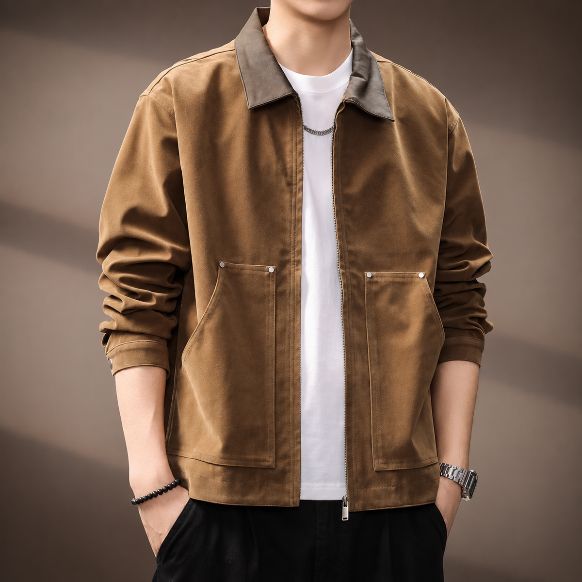 Aubin Men’s Casual Zip Jacket with Utility Pockets