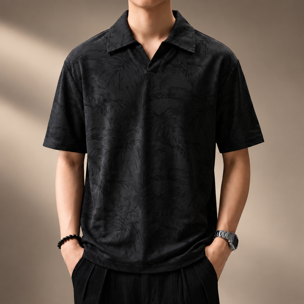 Lucien Men's Botanical Pattern Open Collar Polo Shirt
