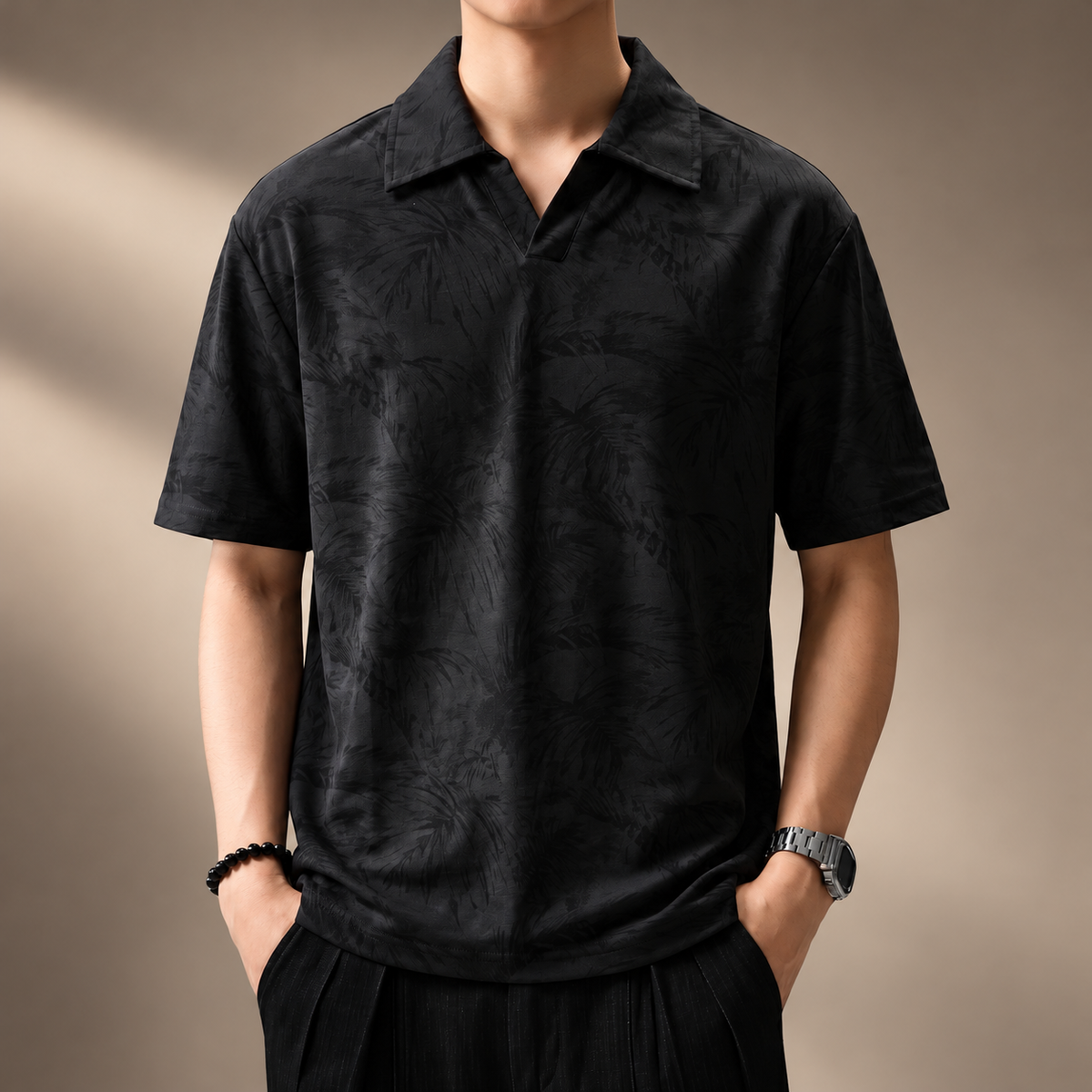 Lucien Men's Botanical Pattern Open Collar Polo Shirt