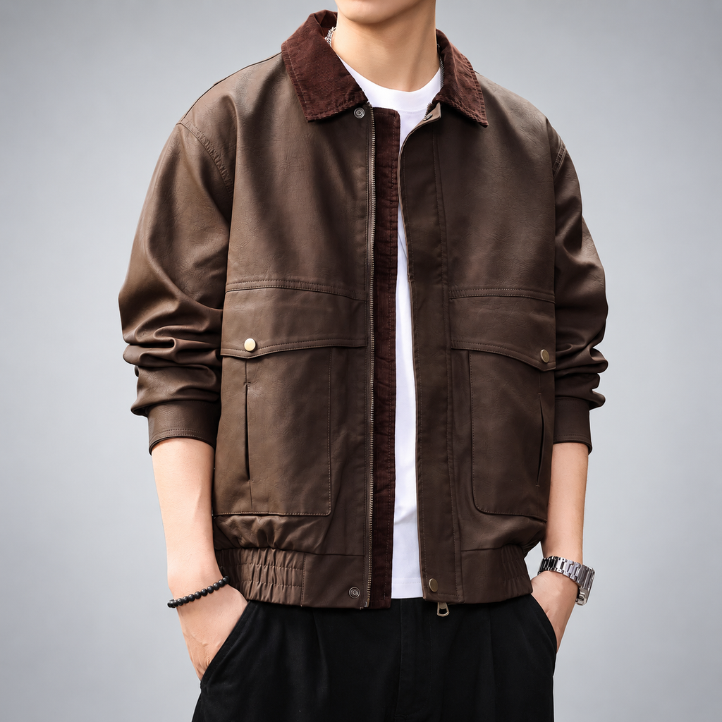 Aaron Men's Textured Bomber Jacket with Contrast Corduroy Collar