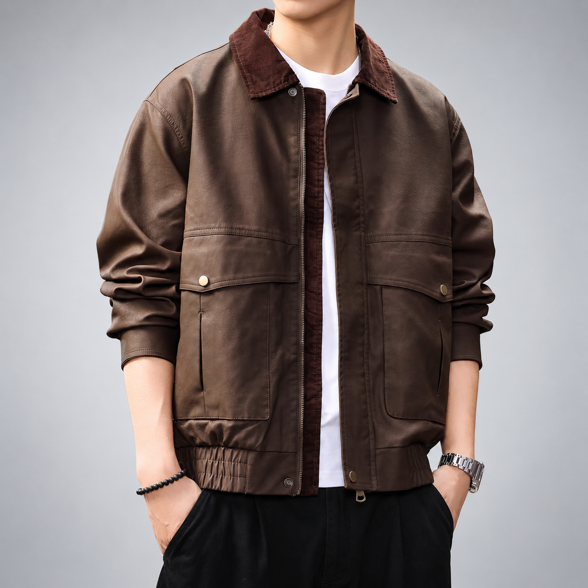Aaron Men's Textured Bomber Jacket with Contrast Corduroy Collar