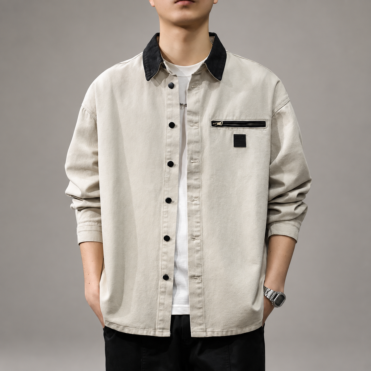 Auberon Men's Contrast Collar Overshirt with Zip Chest Pocket