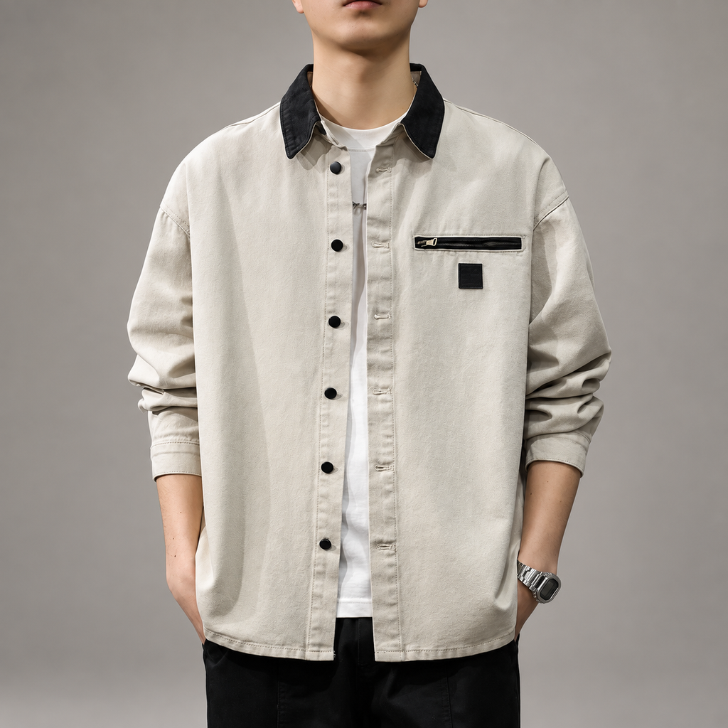 Auberon Men's Contrast Collar Overshirt with Zip Chest Pocket