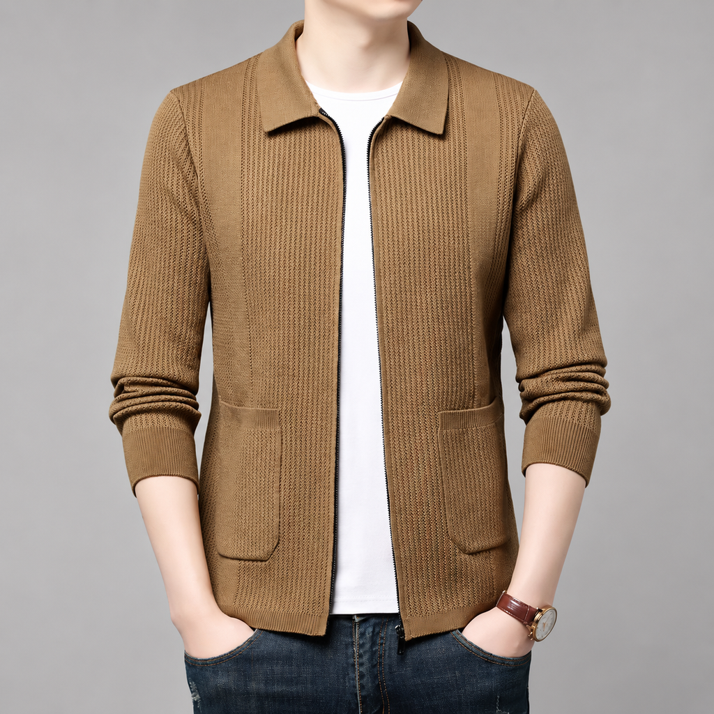 Dario Men’s Textured Knit Full-Zip Jacket with Patch Pockets