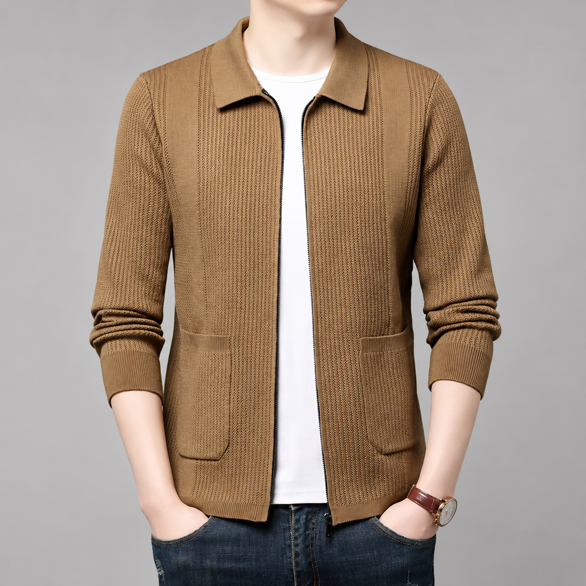 Dario Men’s Textured Knit Full-Zip Jacket with Patch Pockets