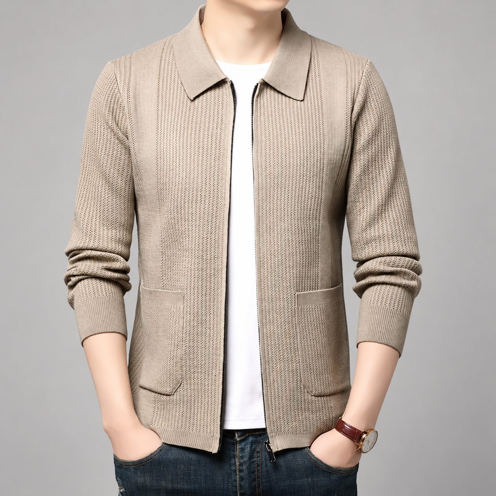 Dario Men’s Textured Knit Full-Zip Jacket with Patch Pockets