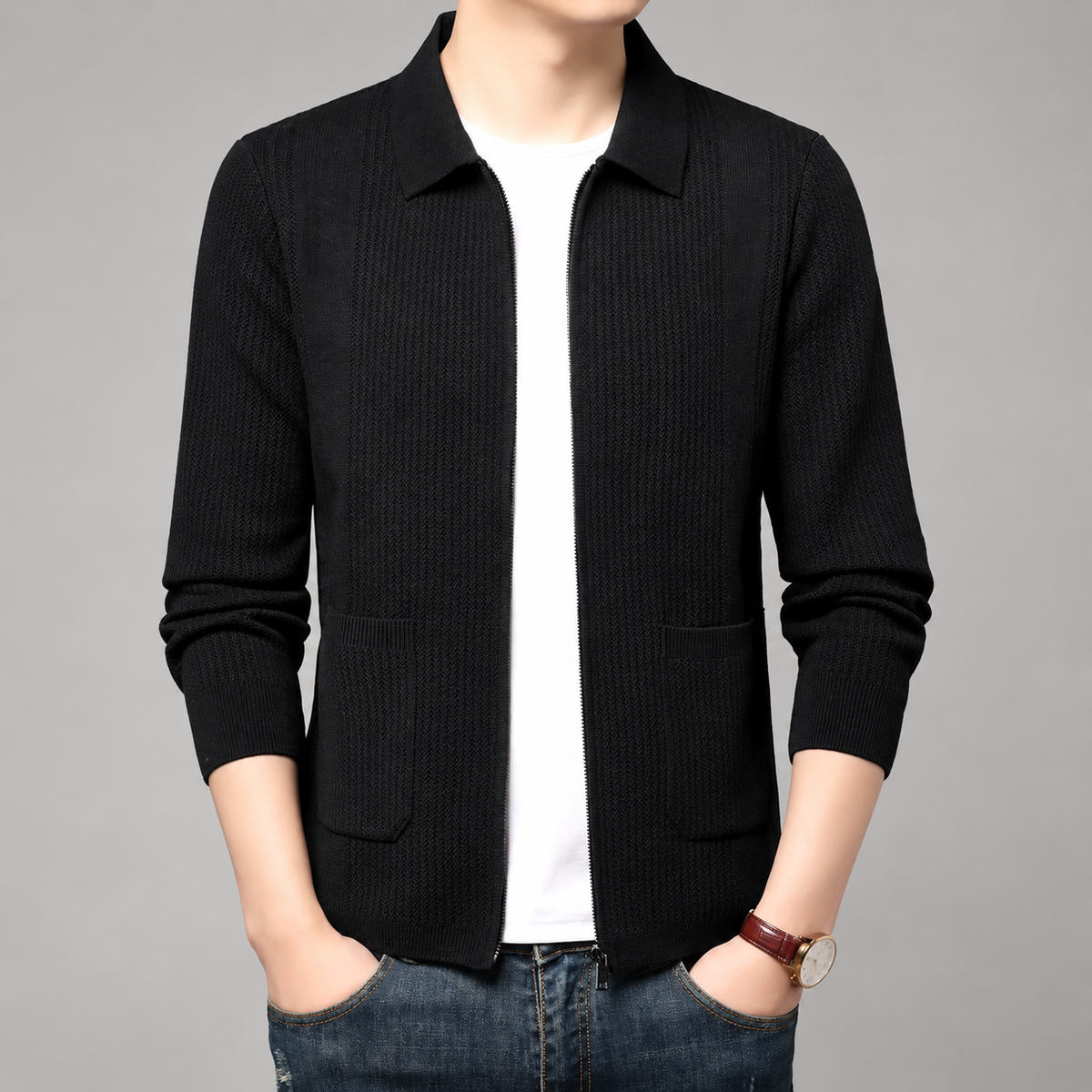 Dario Men’s Textured Knit Full-Zip Jacket with Patch Pockets
