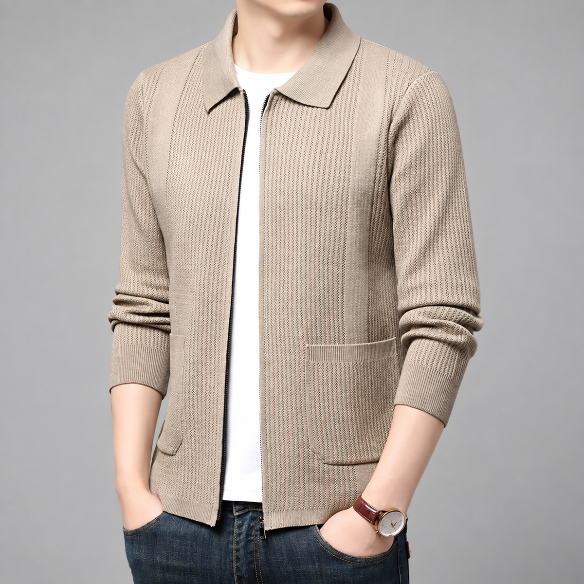 Dario Men’s Textured Knit Full-Zip Jacket with Patch Pockets