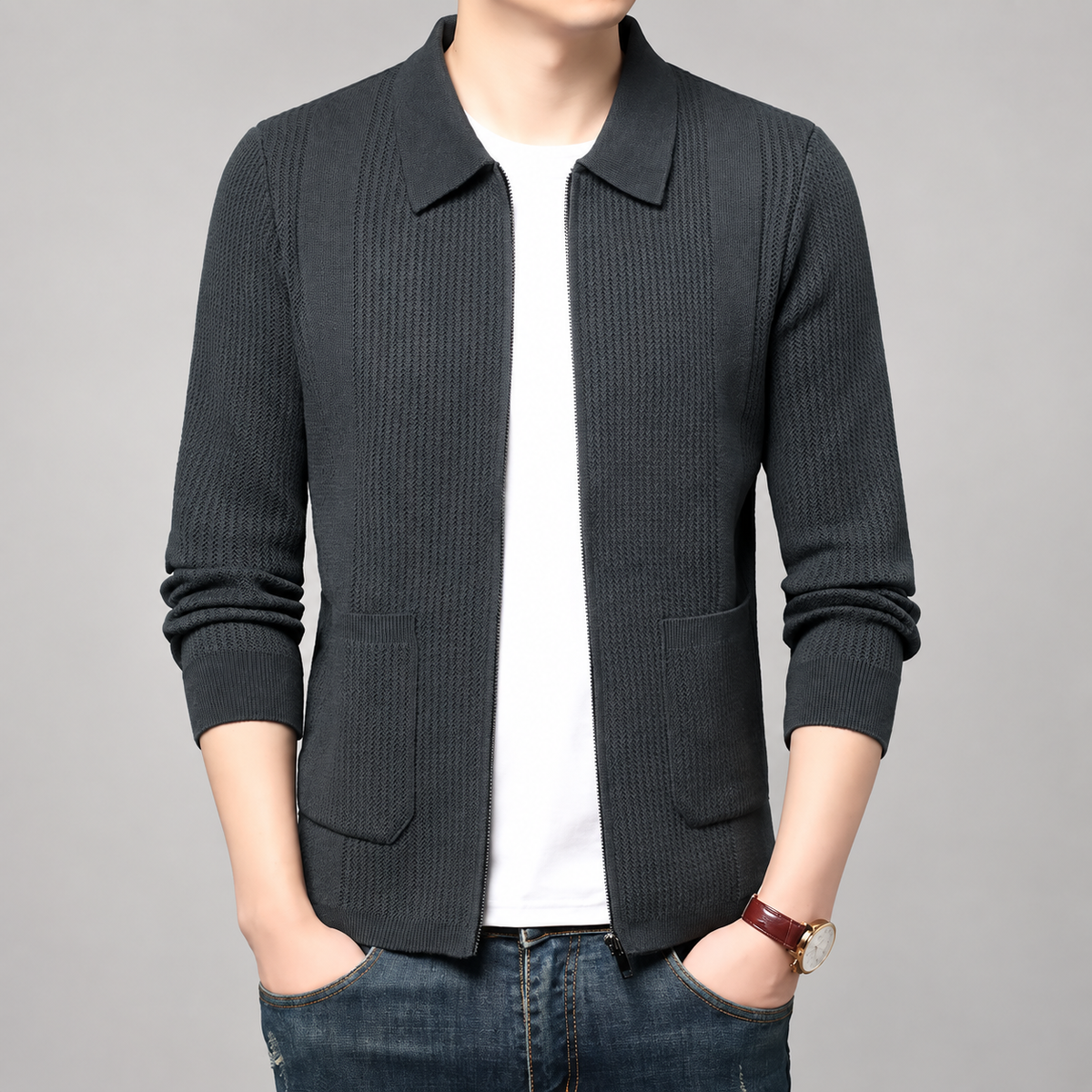 Dario Men’s Textured Knit Full-Zip Jacket with Patch Pockets