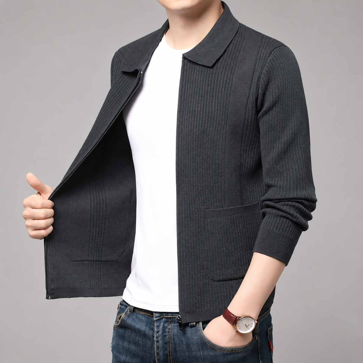 Dario Men’s Textured Knit Full-Zip Jacket with Patch Pockets