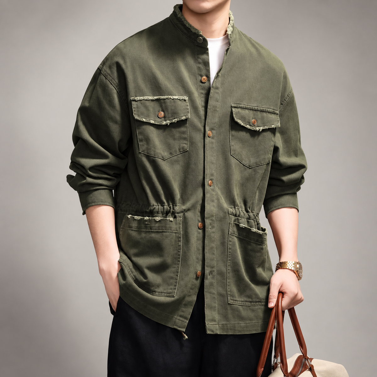 Ariston Men’s Washed Utility Jacket with Stand Collar