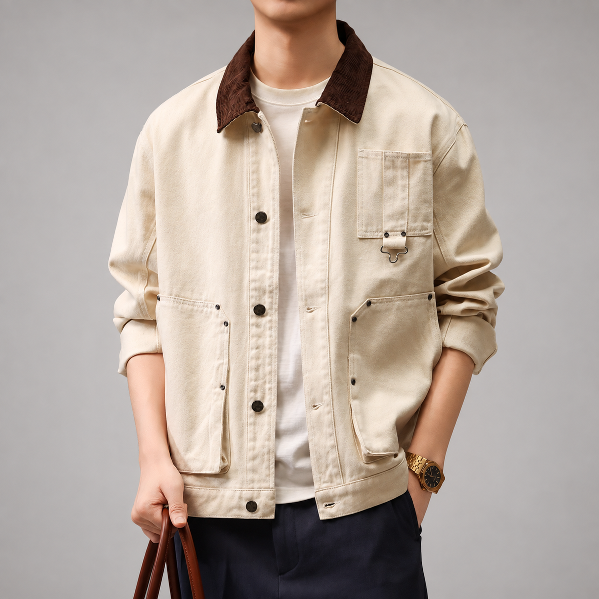 Anselm Men’s Button-Front Utility Jacket with Patch Pockets