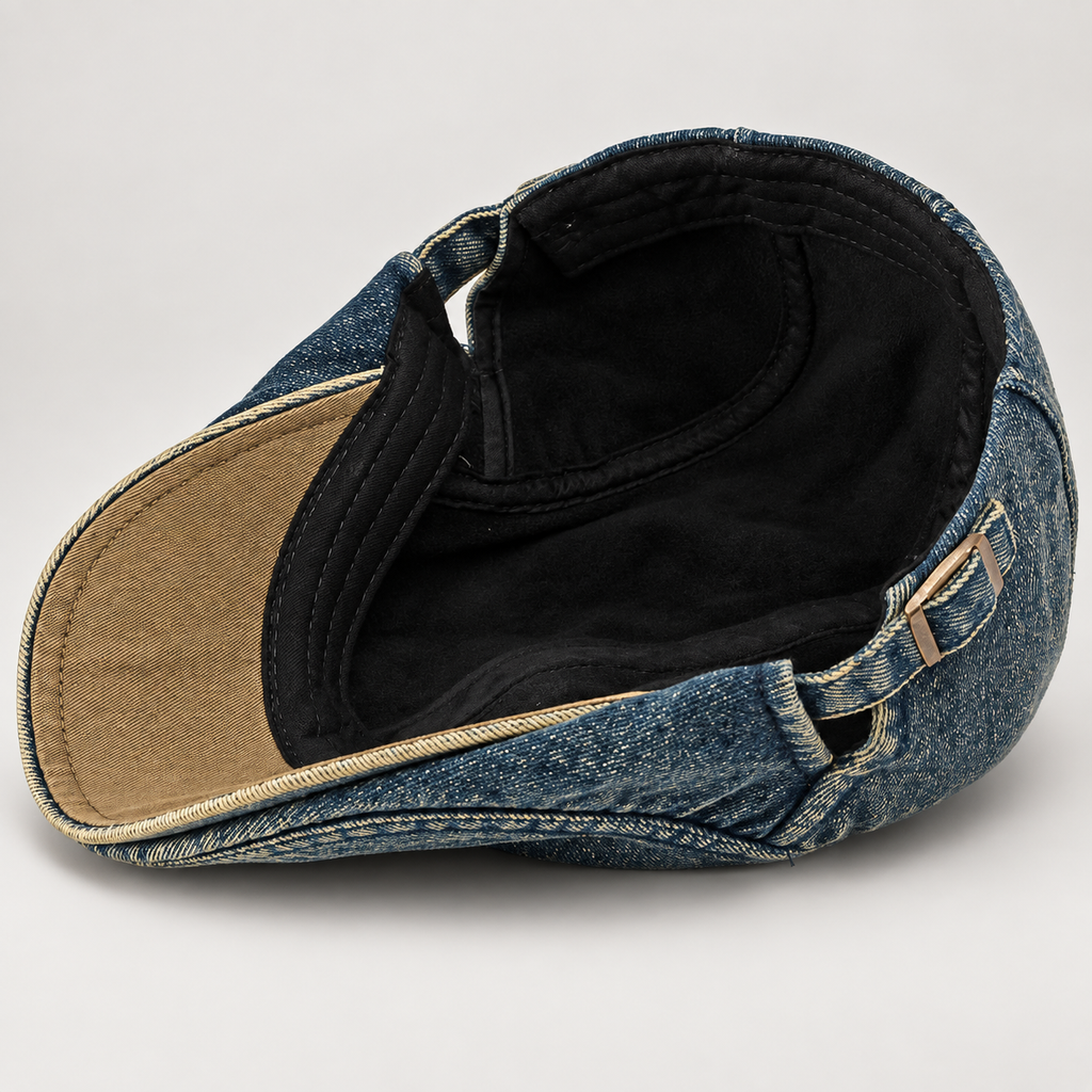 Edmund Men’s Washed Denim Flat Cap with Adjustable Buckle