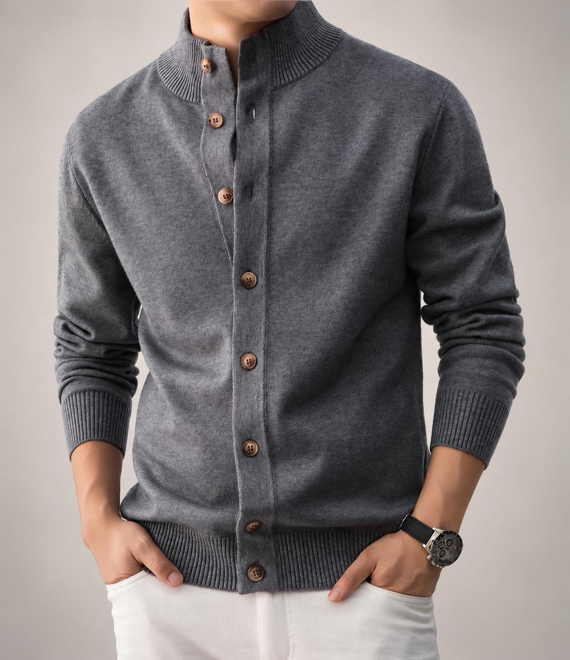Edmund Men’s Textured Knit Cardigan with Stand Collar and Button Front