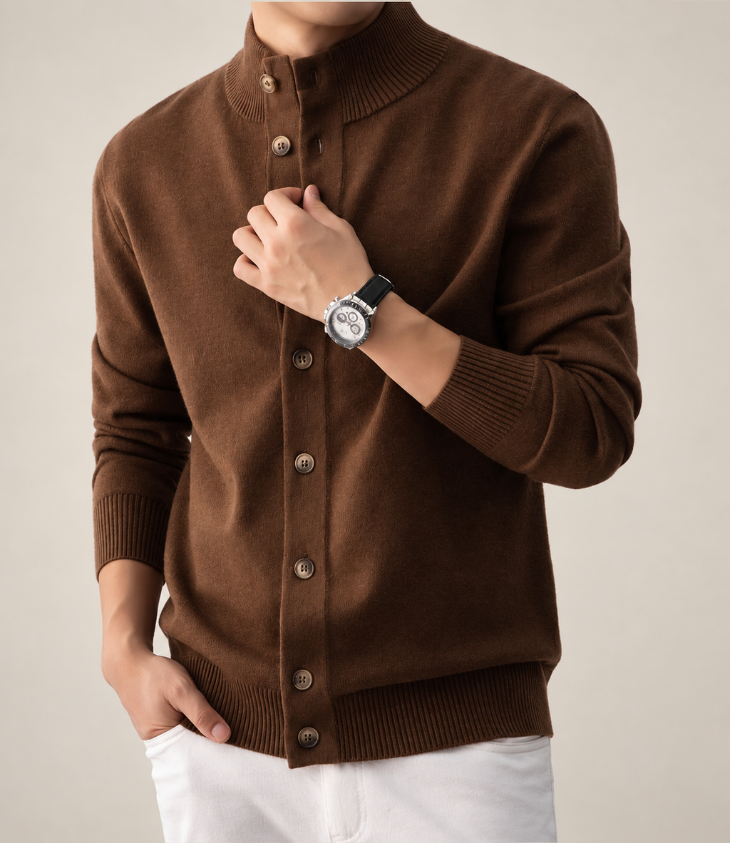 Edmund Men’s Textured Knit Cardigan with Stand Collar and Button Front