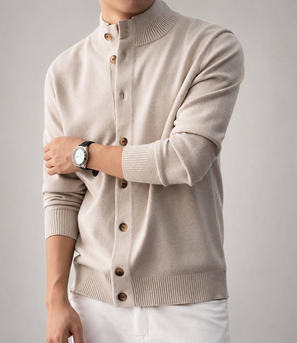Edmund Men’s Textured Knit Cardigan with Stand Collar and Button Front