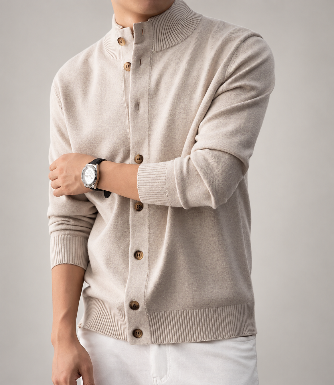 Edmund Men’s Textured Knit Cardigan with Stand Collar and Button Front