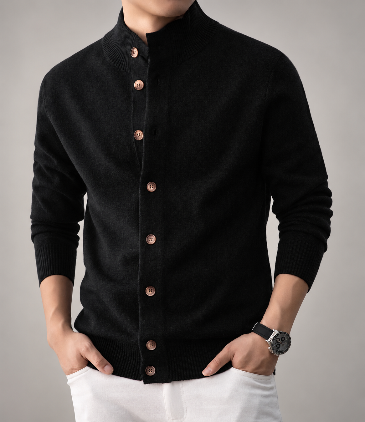 Edmund Men’s Textured Knit Cardigan with Stand Collar and Button Front