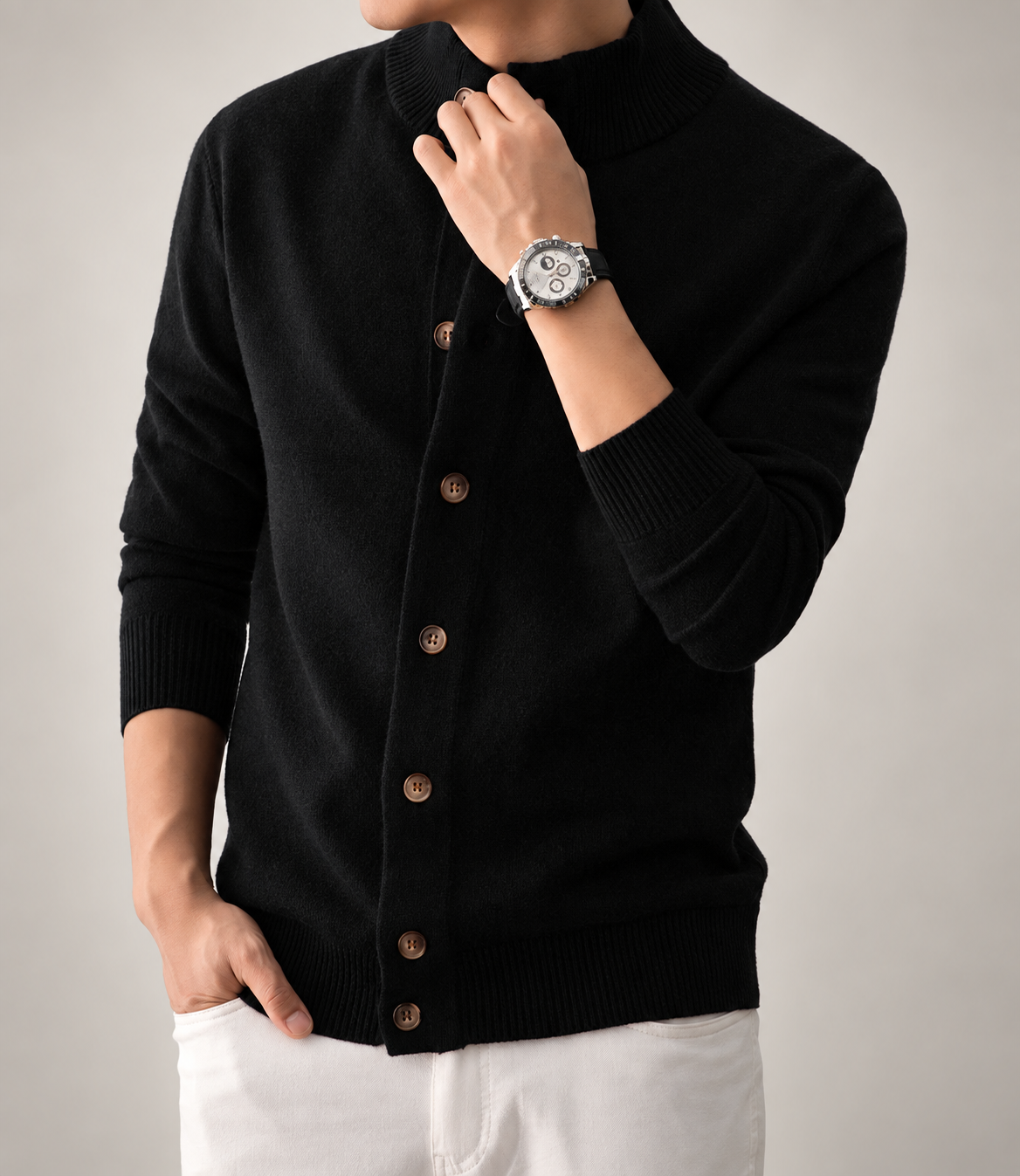 Edmund Men’s Textured Knit Cardigan with Stand Collar and Button Front
