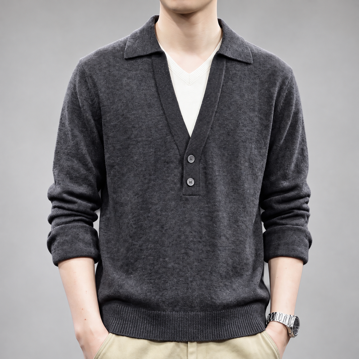 Raniero Men’s Collared V-Neck Knit Pullover Sweater