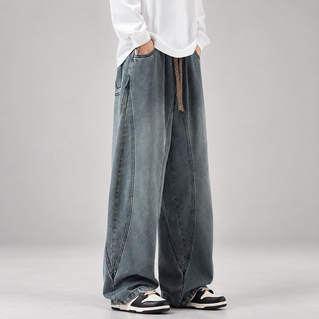 Enzo Men’s Curved-Panel Wide-Leg Drawstring Jeans