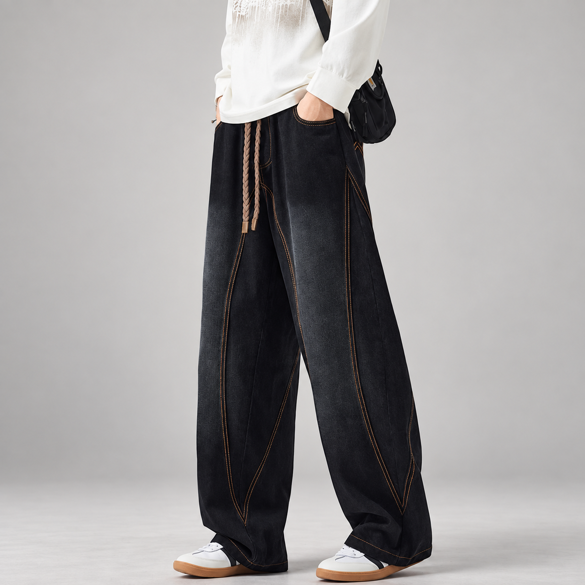 Enzo Men’s Curved-Panel Wide-Leg Drawstring Jeans