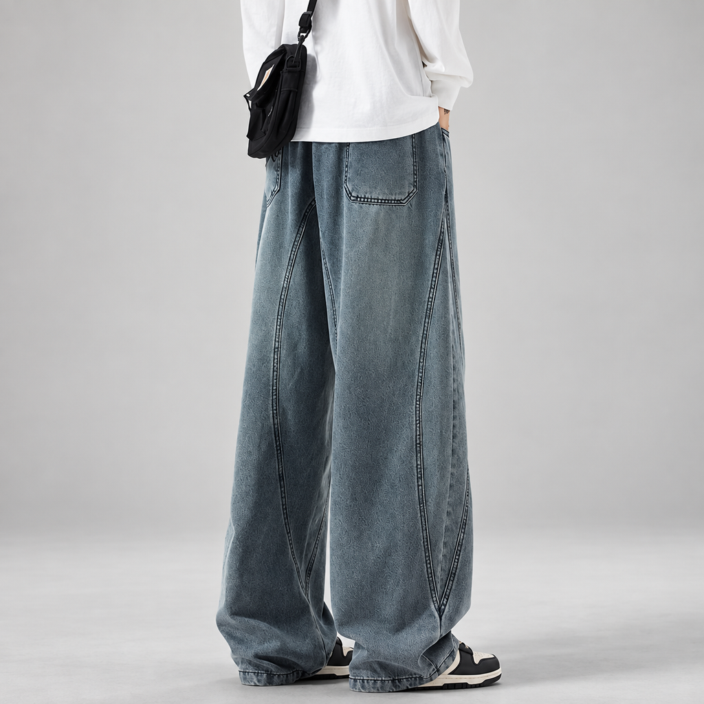 Enzo Men’s Curved-Panel Wide-Leg Drawstring Jeans