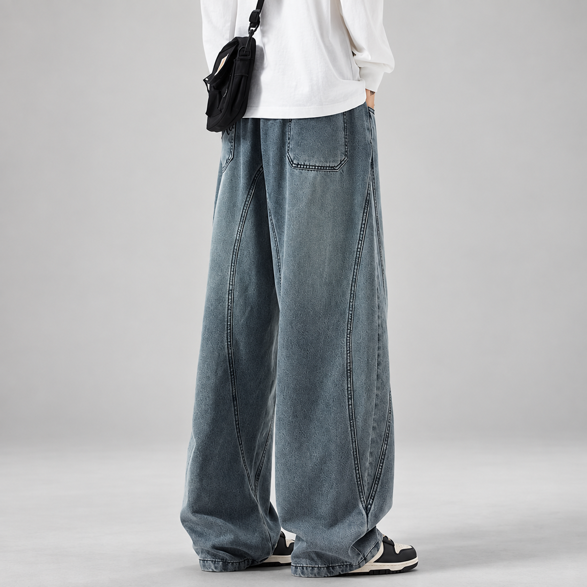 Enzo Men’s Curved-Panel Wide-Leg Drawstring Jeans